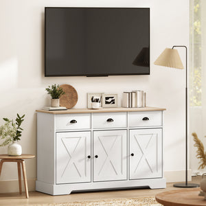 Country-style buffet, with 3 sliding doors and 3 drawers, white, ideal for the living room and kitchen.