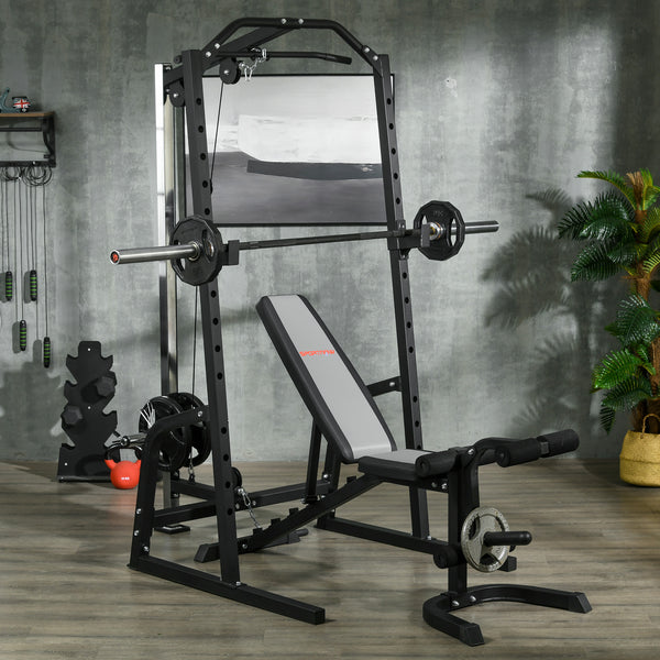 Multifunctional weight cage with adjustable bench, dumbbell bar and 15-level squat rack