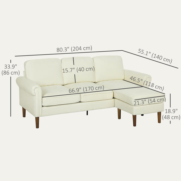 Modern corner sofa with removable chaise longue, wooden legs, cream color
