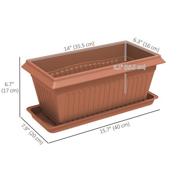 Set of 7 plastic flower pots with drainage holes and saucers, brown