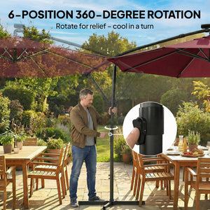 3m Cantilever Parasol with Solar LED Lighting, 360° Rotation, Tilt and Protective Cover, Burgundy