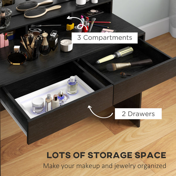 Dressing table with LED lighting mirror and drawers, black
