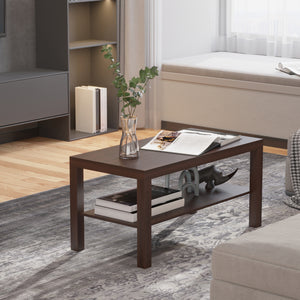able basse rectangulaire à 2 niveaux avec étagère de rangement en finition noyer, idéale comme table centrale pour salon moderne ou classique