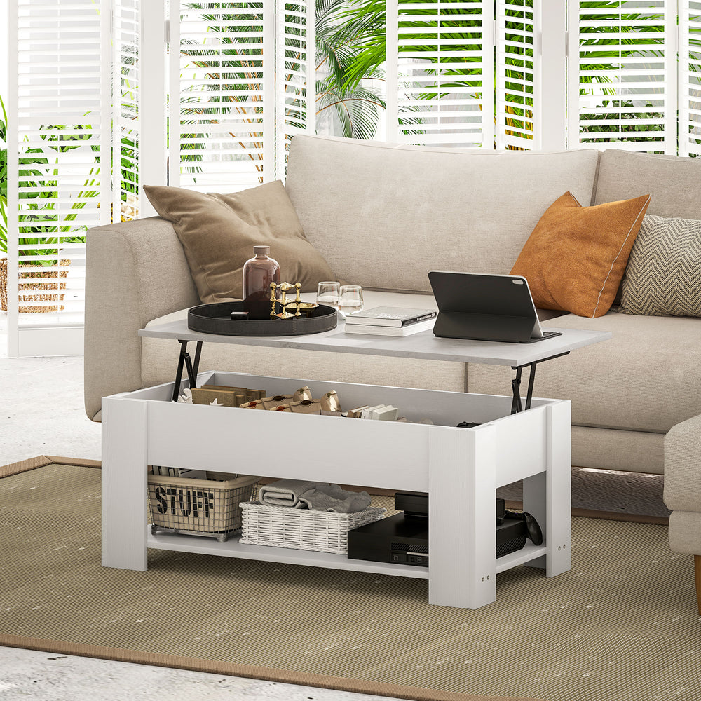 Table basse relevable blanche avec compartiment de rangement dissimulé et étagère ouverte
