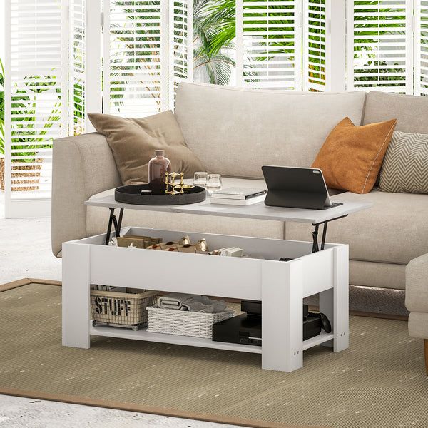 Table basse relevable blanche avec compartiment de rangement dissimulé et étagère ouverte