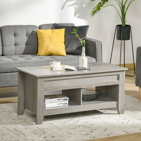 Table basse relevable gris clair avec compartiment de rangement dissimulé et étagères ouvertes pour salon