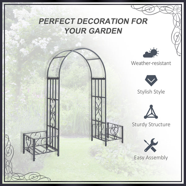 Metal garden arch with 2 planters, dark grey