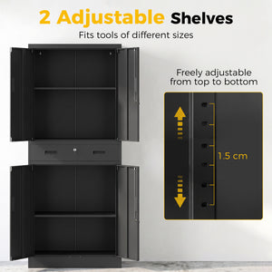 Lockable steel storage cabinet with drawer and adjustable shelves, black