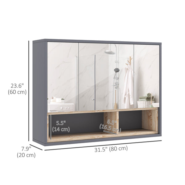 Wall-mounted medicine cabinet with mirror and shelves, gray