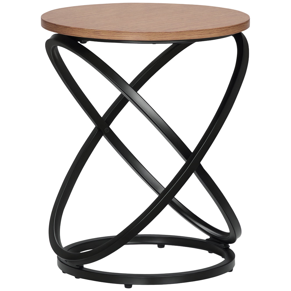 Industrial side table with round top, steel frame, light brown