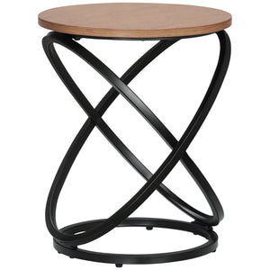 Industrial side table with round top, steel frame, light brown