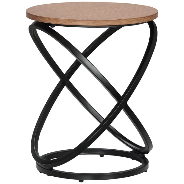 Industrial side table with round top, steel frame, light brown