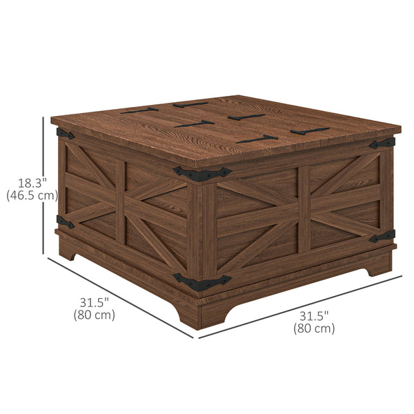 Square farmhouse style coffee table with hinged lids and hidden storage compartment, brown