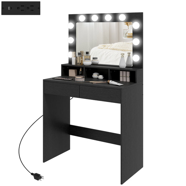 Dressing table with LED lighting mirror, charging station and drawers, black