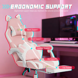Gaming chair with cat ears and footrest, pink