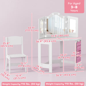 Dressing table and chairs set with lighting, tri-fold mirror, white