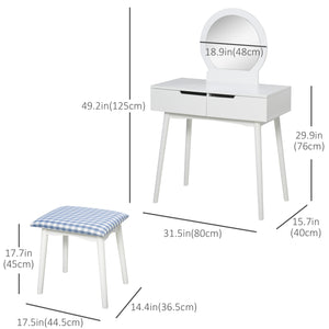 Dressing table with round mirror and 2 drawers, padded stool, white 