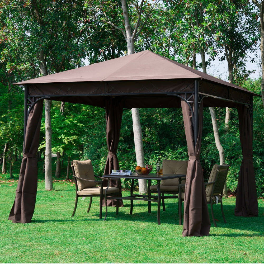 10x10ft Steel Garden Gazebo Patio Canopy Outdoor Event Party Tent Backyard Sun Shelter with Curtain Coffee