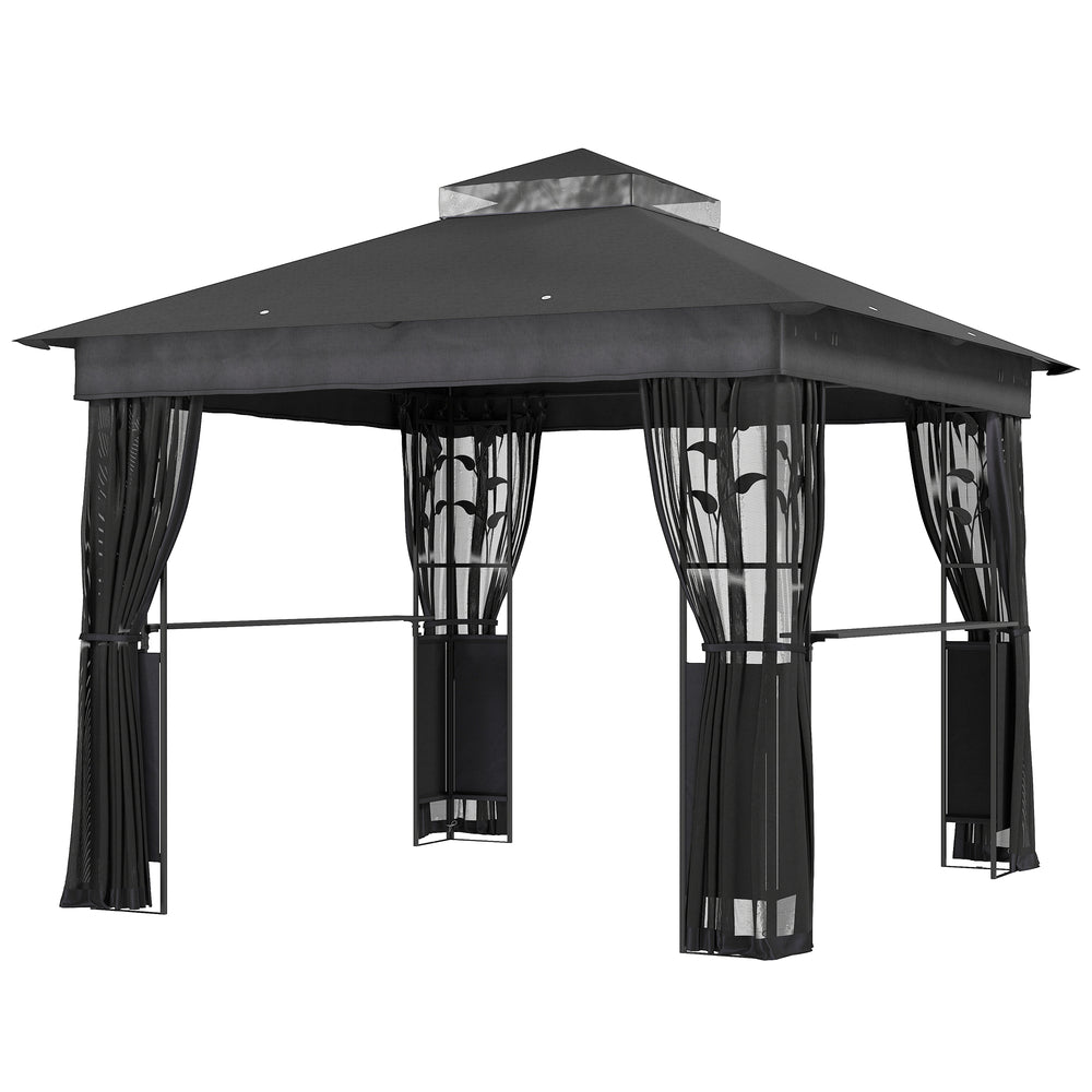 Gazebo 10 pieds sur 10 pieds avec étagères intégrées et filet, protection UV30+, idéal pour pelouse, jardin et terrasse