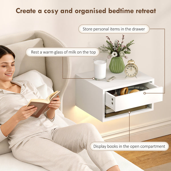 Set of 2 floating bedside tables with RGB LED lighting and storage, white
