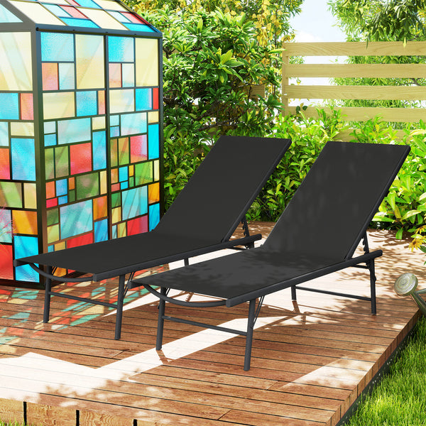 2 Pieces Folding Outdoor Lounge Chairs, Reclining Chaise Lounge Tanning Chair w/ Adjustable Back, Mesh Seat, Black