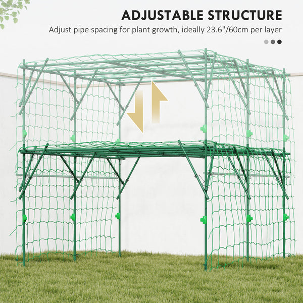 Garden arch for climbing cucumbers with support netting, green