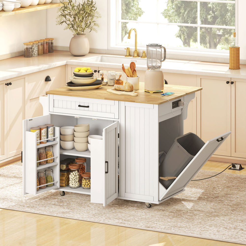 Portable kitchen island with charging station, fold-down rubberwood tabletop, waste storage, white