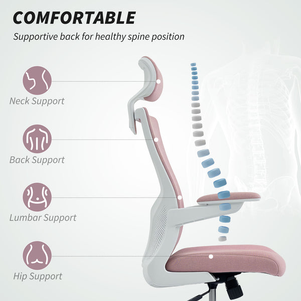 Ergonomic office chair with lumbar support and headrest, pink