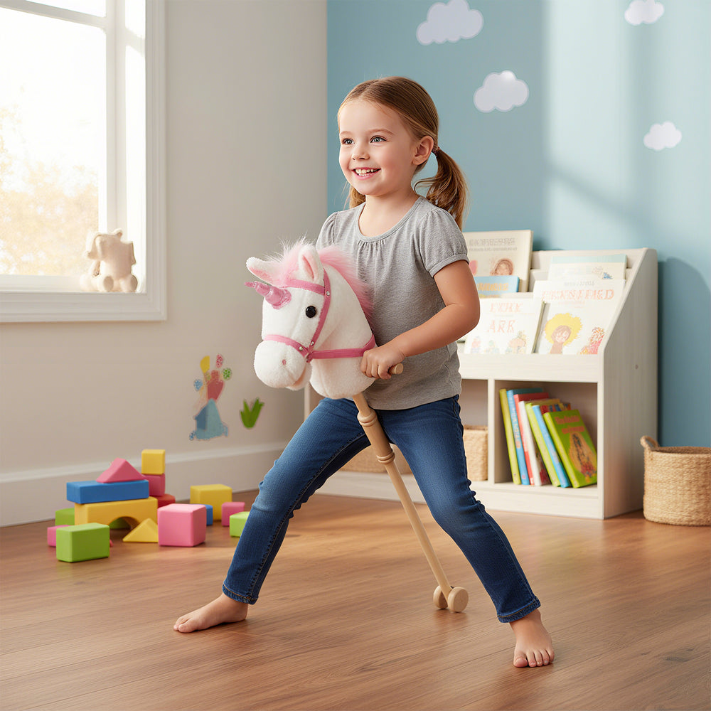 Plush Unicorn with Wooden Wheels, Neighing and Galloping Sounds, White