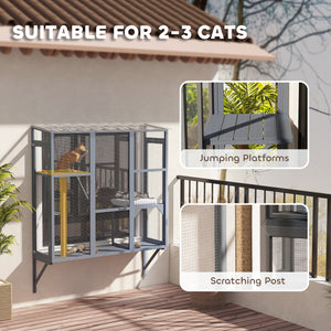 Wooden enclosure with window, 2 jumping platforms and a scratching post, grey.