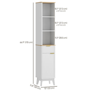 170 cm high, narrow bathroom cabinet with 3 open shelves, drawer and 2 adjustable shelves, white 