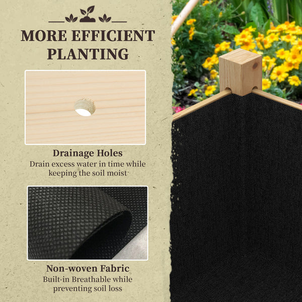 Raised wooden planter with drainage holes for vegetables, natural