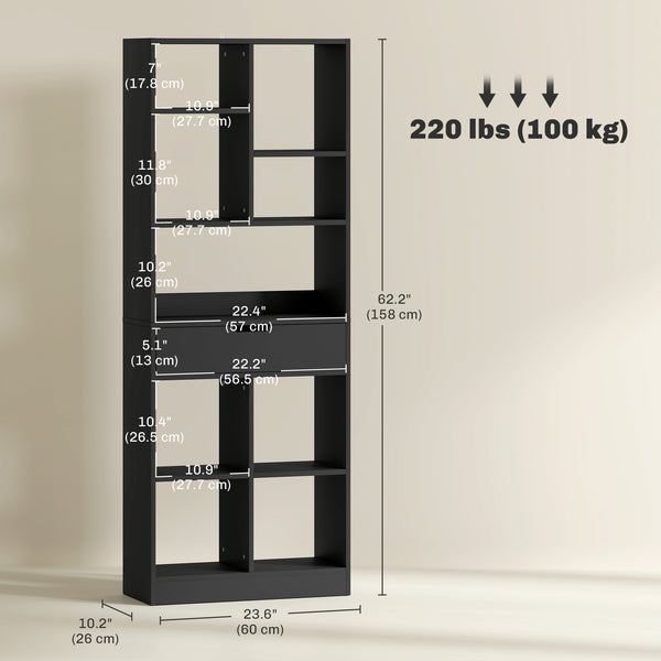 Tall bookcase with drawer, black