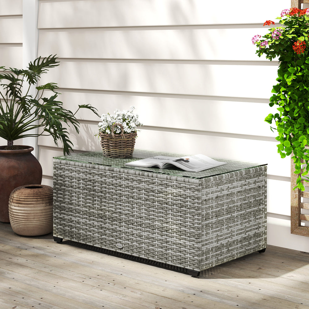 Wicker Outdoor Coffee Table, PE Wicker Rectangular Patio Table with Tempered Glass Top for Garden, Balcony, Light Grey