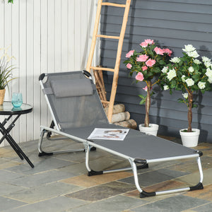 Folding Lounge Chair, Patio Lounger with Headrest, 5-Level Adjustable Backrest, and Aluminum Frame, Grey