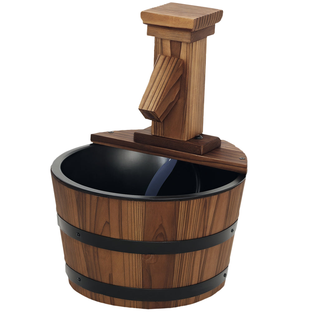 Outdoor cascading fountain, wooden barrel
