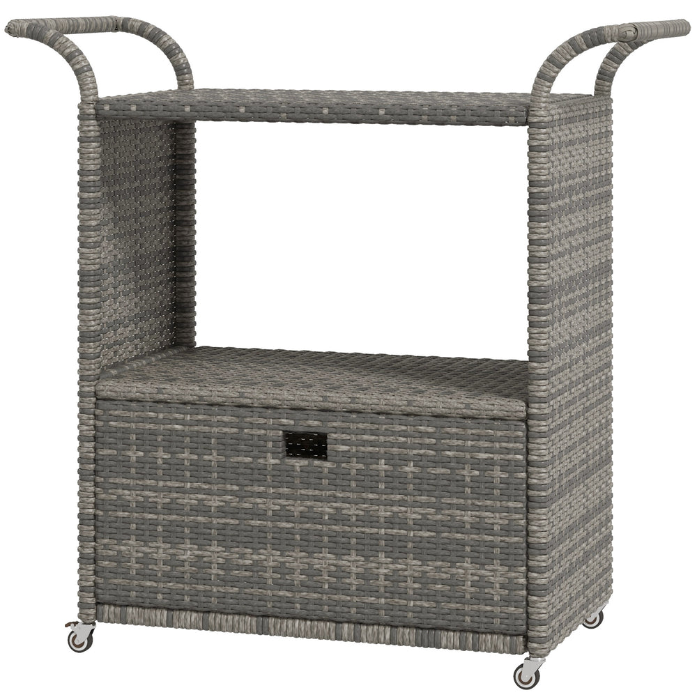 PE resin wicker garden service trolley with 2-tier shelf, heather grey