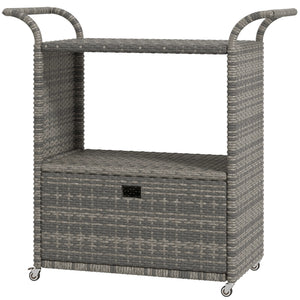 PE resin wicker garden service trolley with 2-tier shelf, heather grey