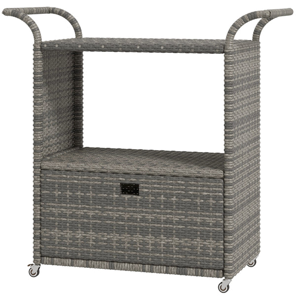 PE resin wicker garden service trolley with 2-tier shelf, heather grey