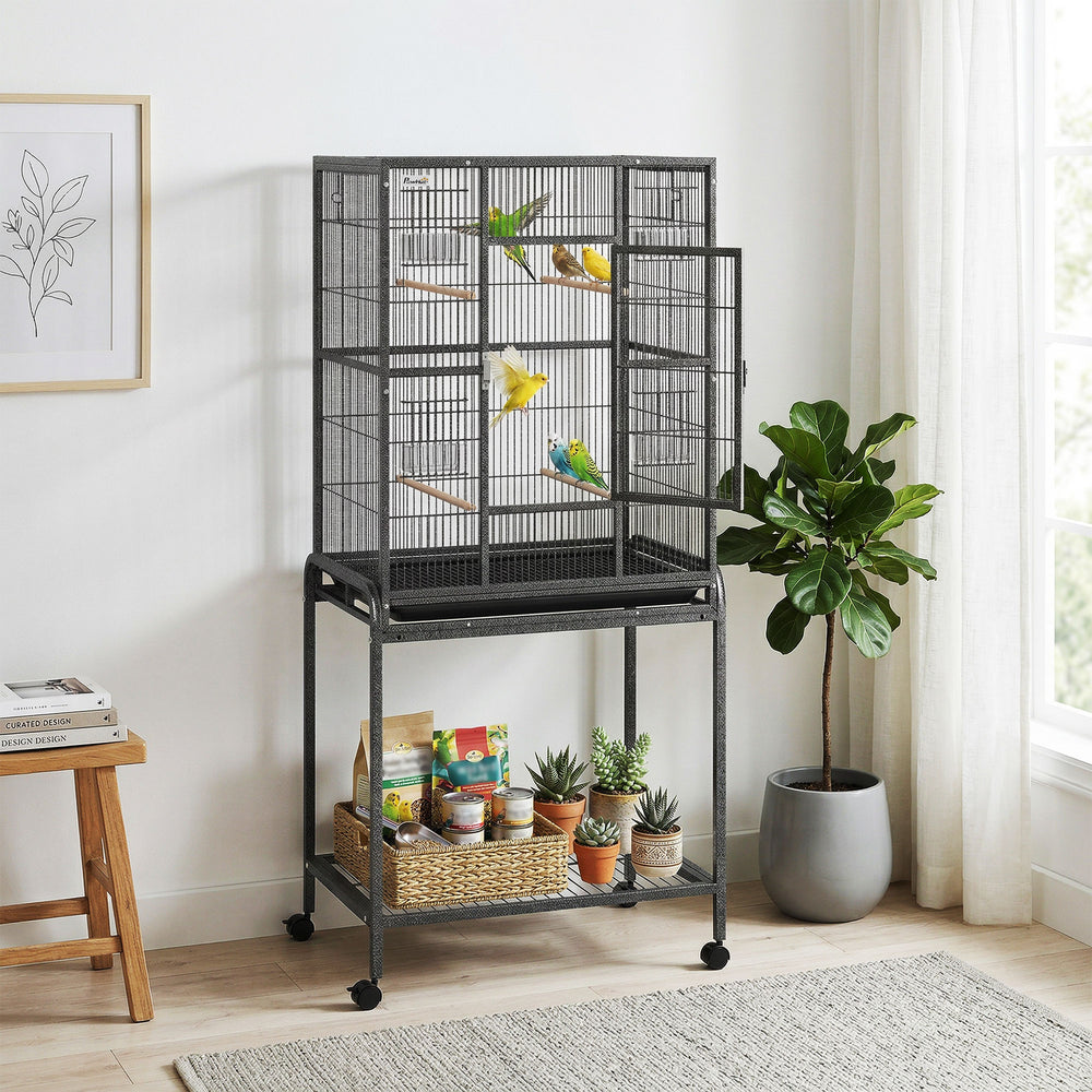 Large bird cage with rolling stand, 4 perches and 4 feeders – Black