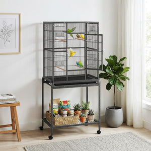 Large bird cage with rolling stand, 4 perches and 4 feeders – Black