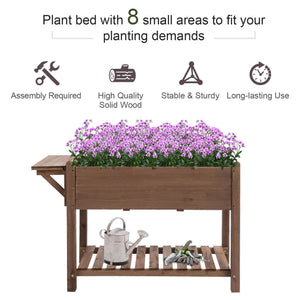 Raised garden bed with 8 compartments and storage shelf, brown
