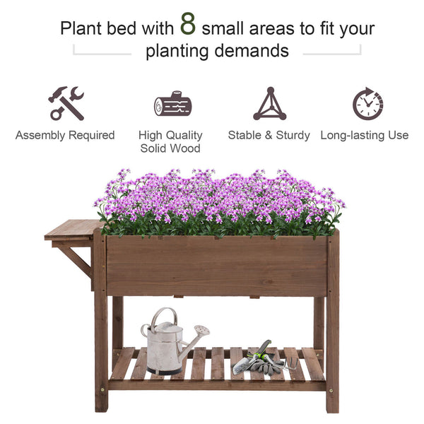 Raised garden bed with 8 compartments and storage shelf, brown
