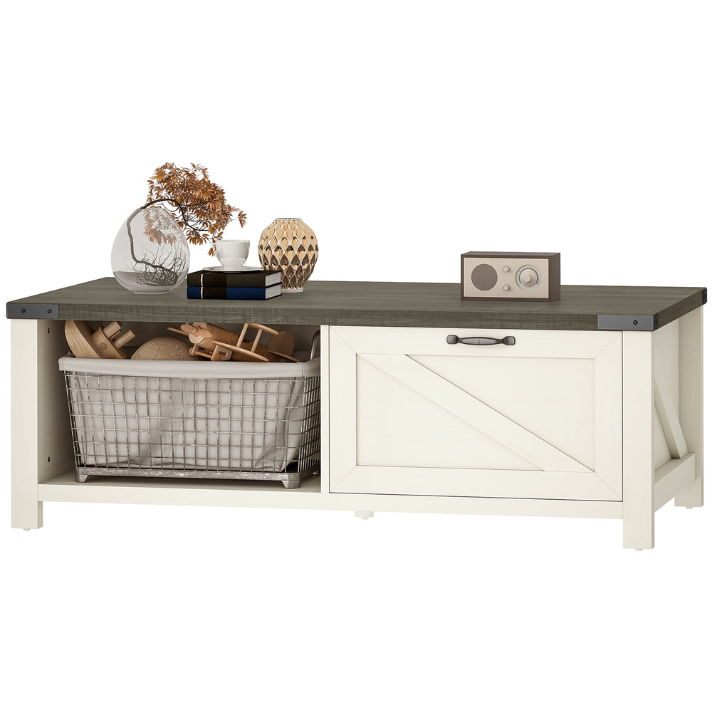 Farmhouse Coffee Table with Drawer and Open Shelf, Distressed White