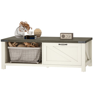 Farmhouse Coffee Table with Drawer and Open Shelf, Distressed White