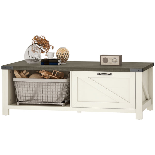 Farmhouse Coffee Table with Drawer and Open Shelf, Distressed White