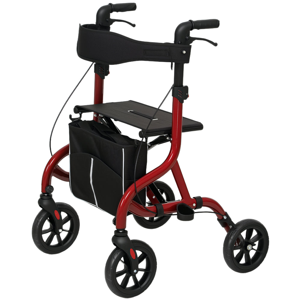 Foldable rollator walker with seat for seniors, lightweight with wheels and adjustable handles, red