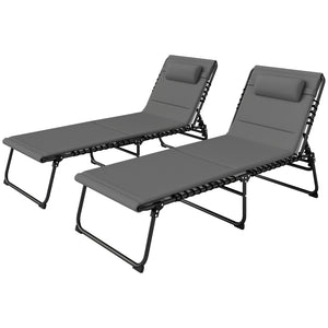 Set of 2 Folding Reclining Sun Loungers with Quick-Drying Cushion, Headrest and Side Pocket, Light Grey