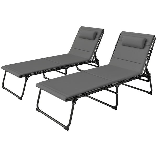Set of 2 Folding Reclining Sun Loungers with Quick-Drying Cushion, Headrest and Side Pocket, Light Grey
