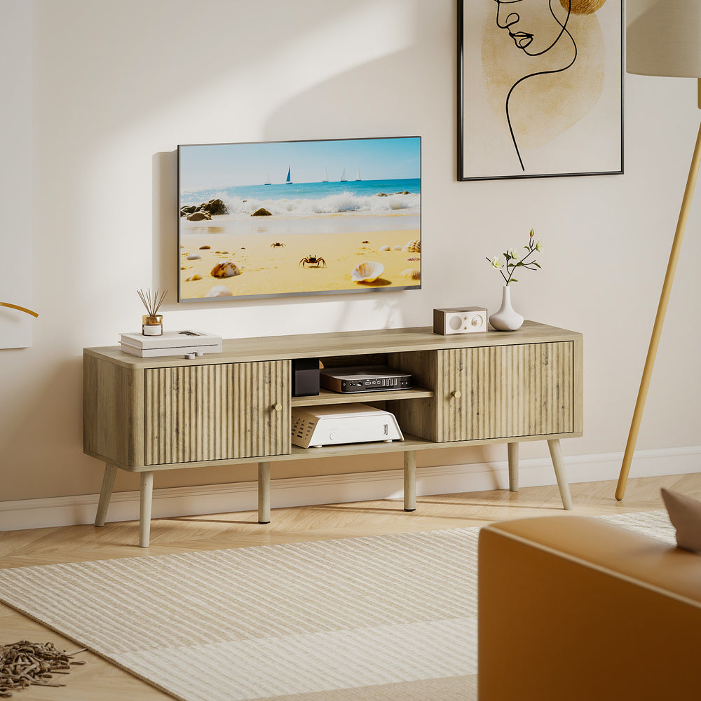 65-inch TV stand with adjustable shelves and pine, oak legs